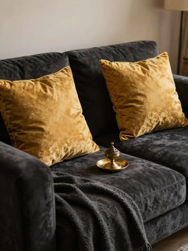 Modern Indian home interior detail with elegant gold-accented cushions, a brass incense holder, and soft throw blankets on a charcoal sofa