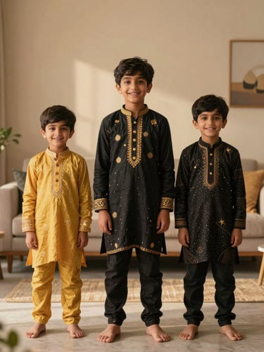 Cheerful portrait of Indian kids in vibrant, comfortable festive cotton outfits playing in a warm modern living room, soft studio lighting
