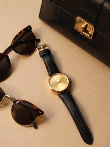 Flat-lay of premium accessories including a leather watch with gold dial, sleek sunglasses, and a structured handbag, warm editorial lighting