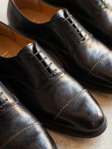 Close-up product shot of premium handcrafted leather mojris and formal shoes with subtle gold stitching, warm lighting, shallow depth of field