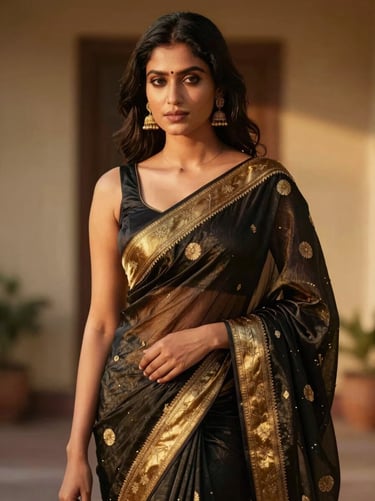 Elegant fashion portrait of an Indian woman wearing a modern premium gold-embroidered saree, soft golden-hour lighting, 35mm