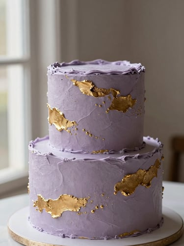 A sophisticated two-tier anniversary cake with textured lavender buttercream and elegant brushed gold details, editorial food photography.