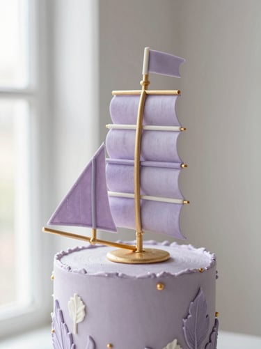 An artistic luxury birthday cake featuring modern sculpted sugar sails and delicate pastel lavender details, soft window light.