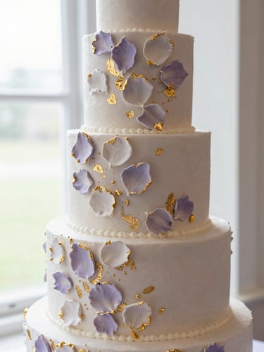 Close-up of a majestic four-tier wedding cake with delicate hand-sculpted sugar petals and gold leaf accents, soft natural lighting.
