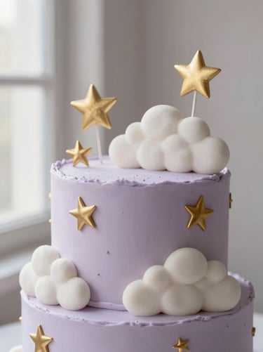 A dreamy baby shower cake with soft hand-sculpted clouds and elegant gold stars, illuminated by gentle morning light.