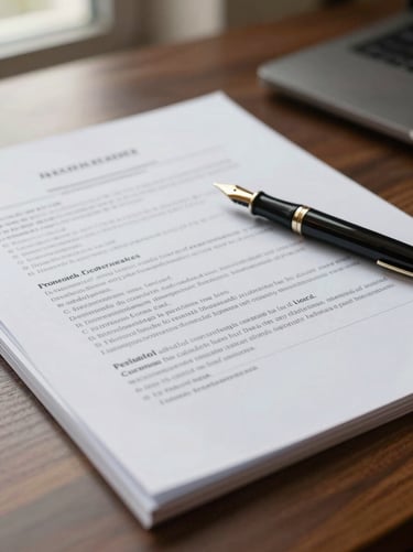 Close-up of structured legal documents and a fountain pen on a dark wooden desk, soft natural window light, shallow depth of field, professional and authoritative atmosphere