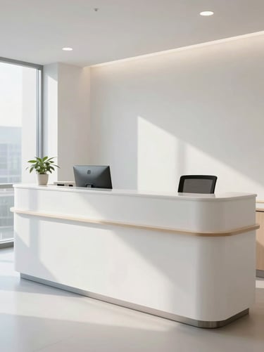 Wide-angle view of a modern clinic reception desk, clean white surfaces, soft natural light from left, unoccupied, minimal decorative elements, calm and professional atmosphere