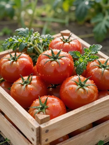 A wooden crate filled with freshly harvested heirloom tomatoes and herbs, morning dew visible, soft natural scandinavian daylight on a farm.