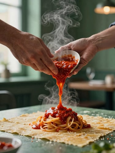 Tight editorial crop of hands pouring rich red sauce over freshly handmade pasta, steam rising, moody soft lighting, scandinavian restaurant interior.