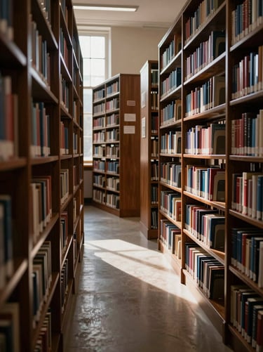 Wide environmental shot of an empty university library with towering dark wood bookshelves, soft directional window light casting deep shadows, quiet academic atmosphere