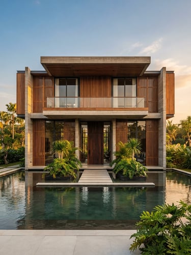 Symmetrical architectural elevation of a modern luxury Indonesian house, clean concrete and teak wood facade, golden hour light