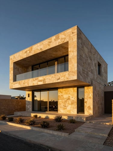 Stunning modern villa exterior at golden hour, sharp geometric lines, limestone walls, desert landscaping.