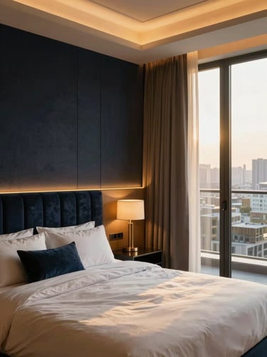 Luxury daily rental apartment bedroom, plush velvet headboard, warm gold lighting, private balcony with city views.