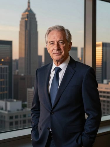 Professional portrait of a senior investment advisor, sharp navy suit, twilight city skyline visible through window, medium format lens
