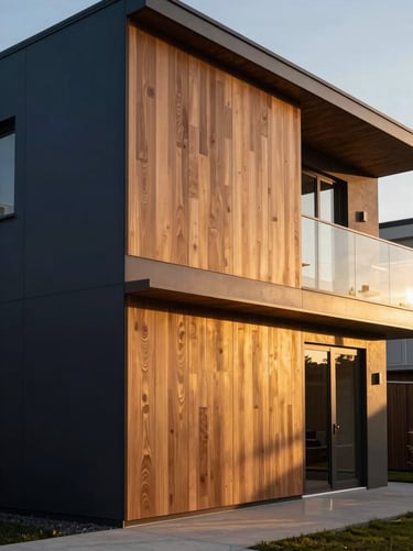 Contemporary residential apartment interior, warm ambient lighting, custom wood paneling, elegant minimalist furniture.