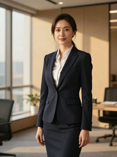 Professional portrait of a female real estate director, elegant business attire, modern minimalist office backdrop, natural window light