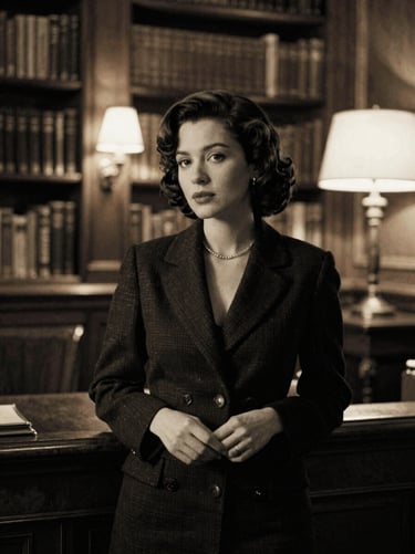 B&W cinematic portrait of an elegant companion in a high-end Mayfair library, ambient warm lamp light, soft focus, 35mm film grain.