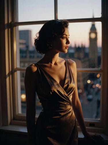 B&W cinematic portrait of an elegant woman in an evening gown, silhouette against a London twilight window, face in soft shadow, 35mm film grain.