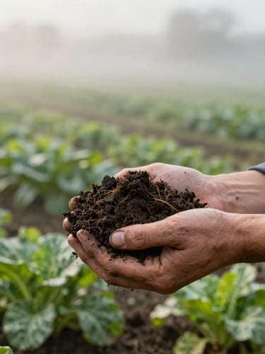 Damp, rich soil held in weathered hands, freshly harvested organic greens in the background under misty, soft morning Scandinavian daylight.