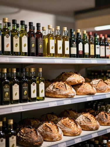A beautifully arranged specialty grocer shelf with artisanal olive oils and fresh sourdough bread, soft side lighting casting deep, rich shadows.