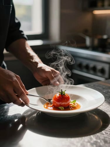 A close-up, high-contrast shot of hands plating a delicate heirloom tomato dish in a dimly lit, cozy restaurant kitchen, steam rising, soft natural window light casting deep shadows.