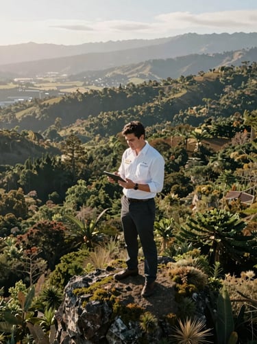 Professional portrait of an environmental compliance officer reviewing data on a tablet, Chilean landscape background, diffuse light.