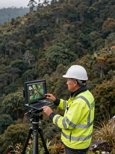 Professional portrait of a senior geodetic engineer in high-visibility gear, looking at a screen, outdoor Andean setting, soft natural light.