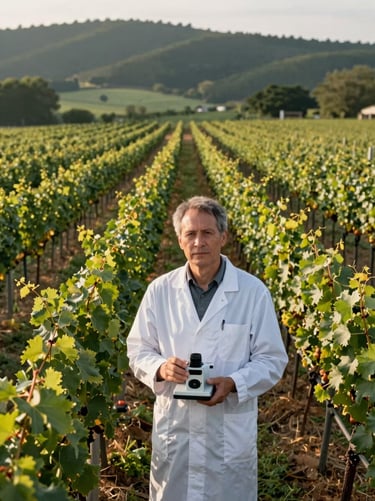 Professional portrait of an agricultural scientist in a vineyard, holding a multispectral sensor, soft morning light.