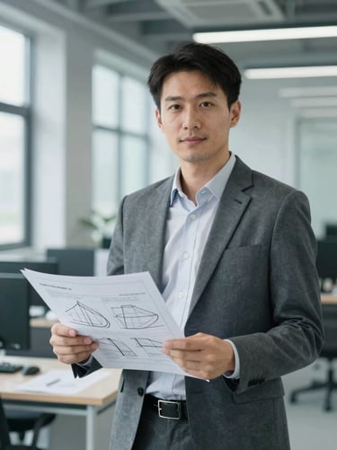 Professional portrait of a lead environmental consultant in a clean industrial office setting, holding technical schematics, cool slate and teal tones, sharp focus