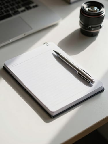 A clean, minimalist desk with a structured notebook, a metal pen, and soft morning light casting geometric shadows