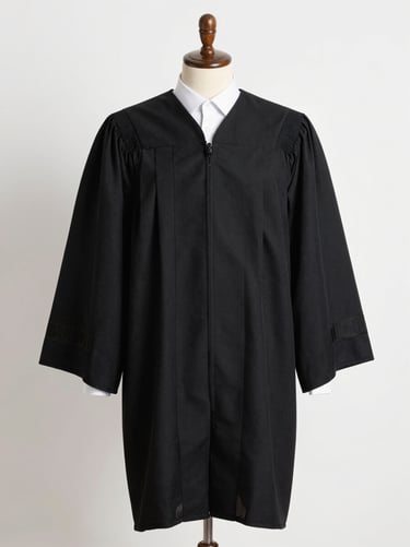 Studio daylight, full-body frontal view of an academic gown on a neutral mannequin, black regalia with visible hood and sleeve detail, clean white background, sharp fabric texture