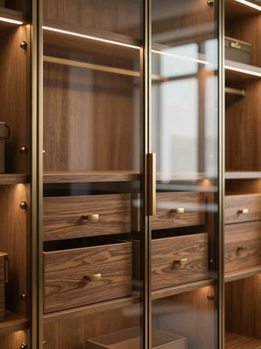 Close-up of a luxury walk-in closet wardrobe with glass doors, warm internal LED lighting, structured drawers, 35mm
