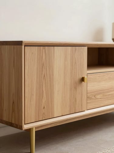 Minimalist luxury TV cabinet with natural oak wood paneling, clean lines, floating console, soft ambient lighting, 35mm