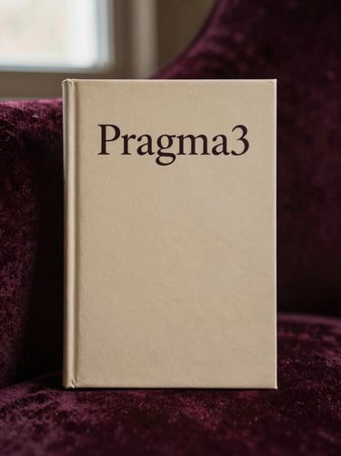A beautifully textured book cover titled 'Pragma' standing upright against a dark plum velvet backdrop, soft champagne lighting, shallow depth of field, 35mm.