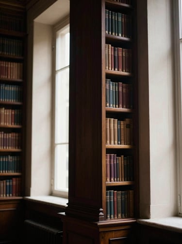 Atmospheric architectural details of a classic European library with warm, low-key dramatic window light, shallow depth of field.