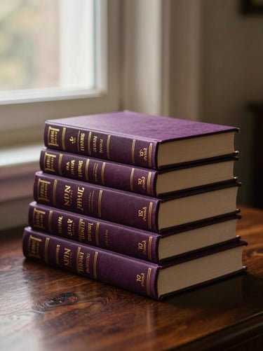 A stack of beautifully bound books with gold foil lettering on a dark mahogany table, warm dramatic window lighting.
