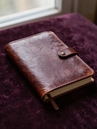 An elegant close-up of a vintage leather-bound journal resting on a dark velvet surface, warm soft shadows.
