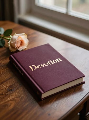 A richly bound book cover titled 'Devotion' resting on a polished mahogany table beside a single champagne rose, warm low-key window light, 35mm.