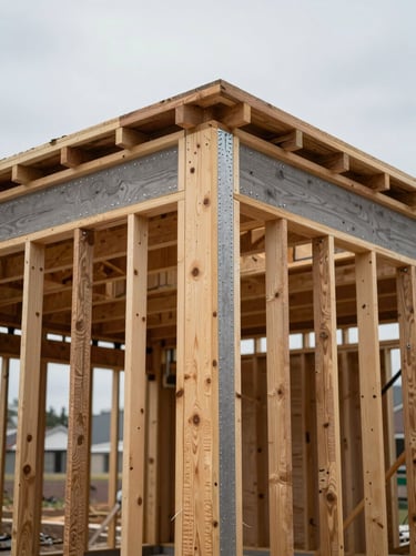 Mid-range framing detail of a residential exterior wall corner, structural studs and header beams visible, overcast site daylight, cold steel nail plates and warm grey lumber in sharp focus, no crew — structural integrity as subject