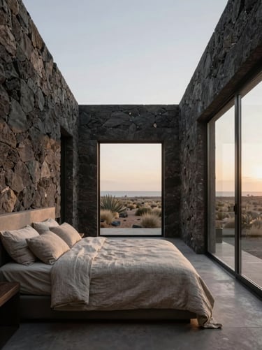 Minimalist architectural suite at Casa Kula, textured stone walls, raw linen bedding, soft morning light through large windows