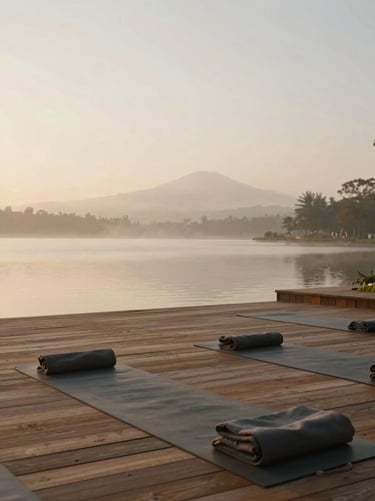 A quiet wooden yoga shala at CobAnanda overlooking the lake, soft morning mist, minimalist design