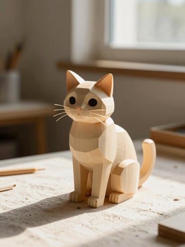 A finished 3D printed cat replica sitting on a light linen surface, warm sunlit background, 35mm photography.