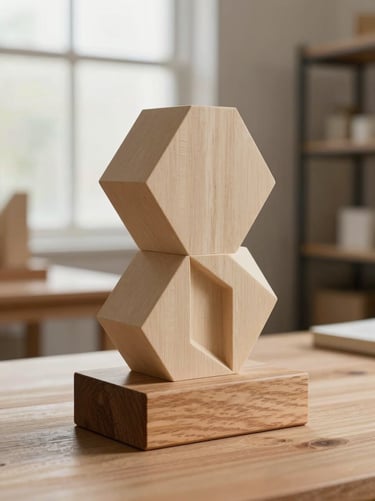 A modern custom trophy combining 3D printed geometry and a warm wooden base, clean minimalist presentation.