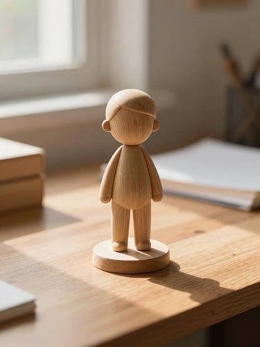 An elegant custom character figurine on a wooden desk, soft shadows, warm editorial light.