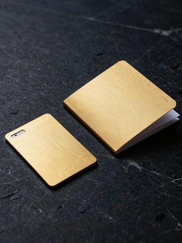 An elegant gold USB card and booklet set on a dark marble background with high-contrast dramatic lighting