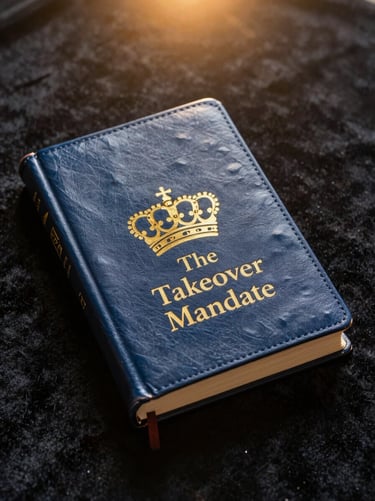 A premium leather-bound book titled 'The Takeover Mandate' with gold embossed crown emblem, resting on a dark velvet surface in a warm golden-hour spotlight