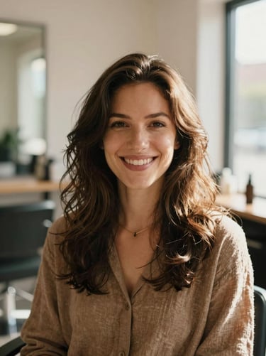 Portrait of a warm, smiling female hair stylist with natural wavy hair in a sunlit salon, warm earth-toned clothing, professional 35mm film look.