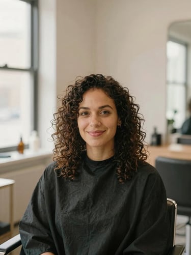 Portrait of a warm female stylist with curly hair, smiling gently in a minimalist cream-toned salon, soft morning light, professional photography.