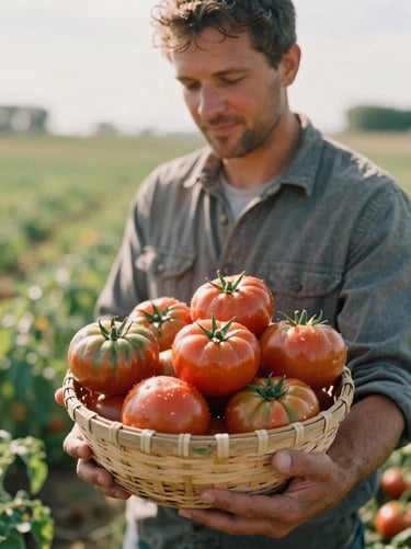 A local farmer holding a basket of freshly harvested heirloom tomatoes in a sunlit field, soft overcast daylight, organic tones