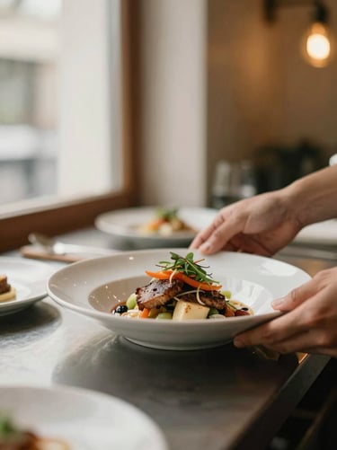Warm editorial close-up of hands plating a seasonal dish in a restaurant kitchen, soft warm interior glow, shallow depth of field